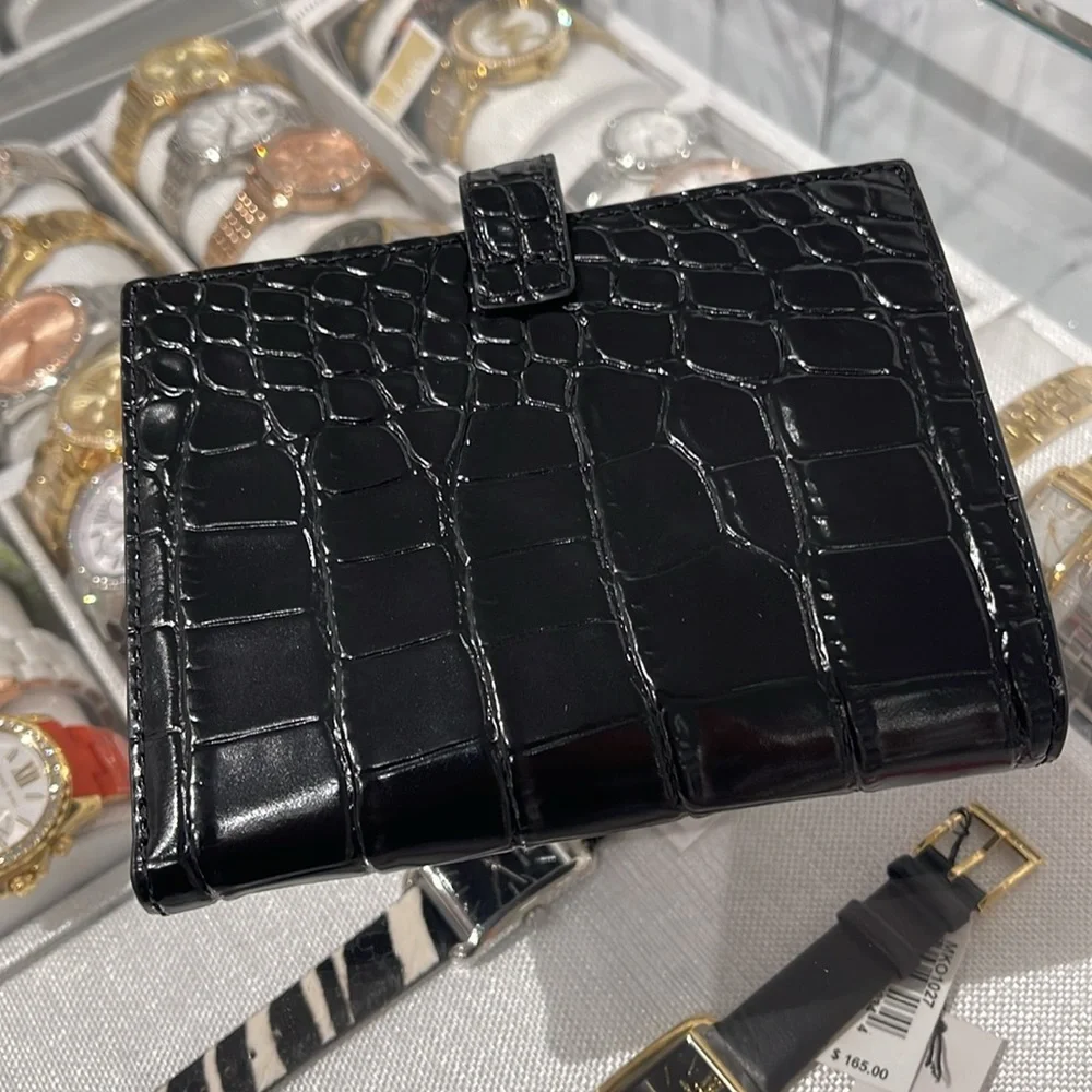Michael Kors Empire Metallic Crocodile Embossed Leather Passport Wallet Black